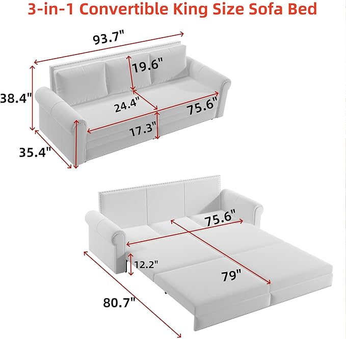 93.7 Velvet Convertible Sleeper Sofa 3 in 1 King Size Pull Out Sofa Bed Loveseat Couch for Living Room Bedroom Cream White