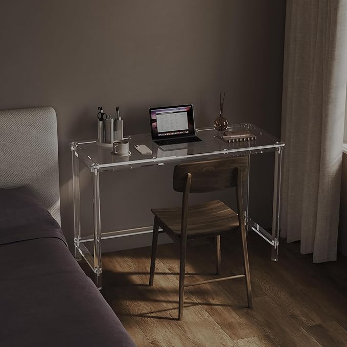 HMYHUM Acrylic Computer Desk 47 Inch Clear Home Office Desk for Laptop Study Writing Vanity Table with Cylindrical Legs Modern Easy Assembly