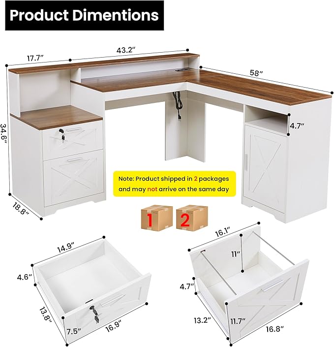 60 L Shaped Executive Desk with Printer SpaceCorner Computer Desk with Power OutletsLockable Drawers &amp Adjustable File CabnetL Shaped Office Desk with Monitor Stand