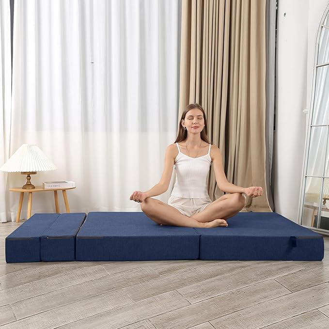 Folding Sofa Bed High-Density Memory Foam Sofa with a Fluffy Pillow Floor Couch Guest Bed Single Size Navy