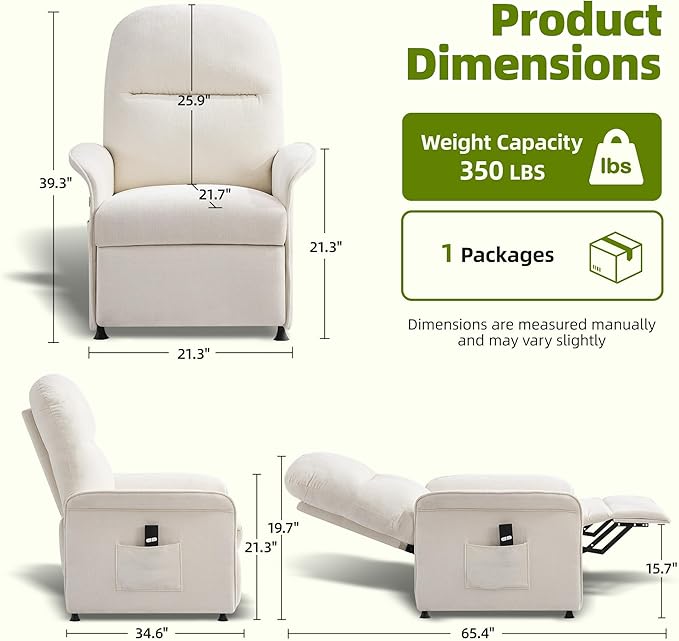 Power Recliner Chair with Remote Control 21 Wide Seat Small Recliners with Side Pocket for Adults Thick Cushions Chair for Living Room &amp Bedroom Beige