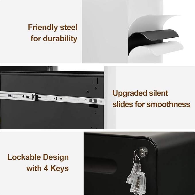 2 Drawer File Cabinet with Lock and 4 Keys Mobile Metal Filing Cabinet File Cabinets for Home Office Under Desk Pre-Assembly File Drawer Letter/Legal/A4 Hanging File Folders