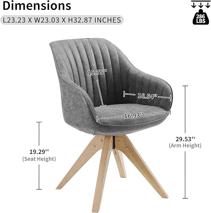 Art Leon Office Chair No Wheels Mid Century Modern Desk Chair Swivel Accent Chair with Oak Wood Legs Faux Leather Upholstered Armchair for Desk Gray