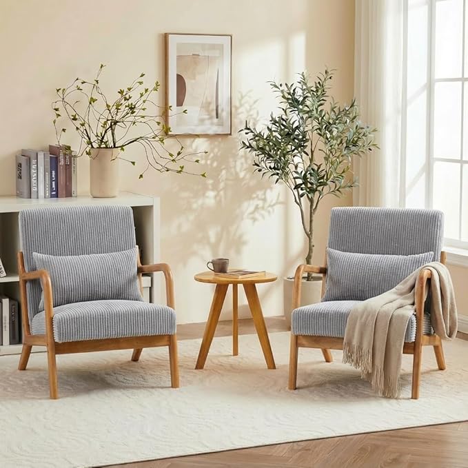Corduroy Upholstered Mid Century Modern Accent Chair with Wide Armrests and Pillow Comfy Reading Armchair for Living Room Bedroom Guest Room (Light Grey+Light Oak Finish Frame)