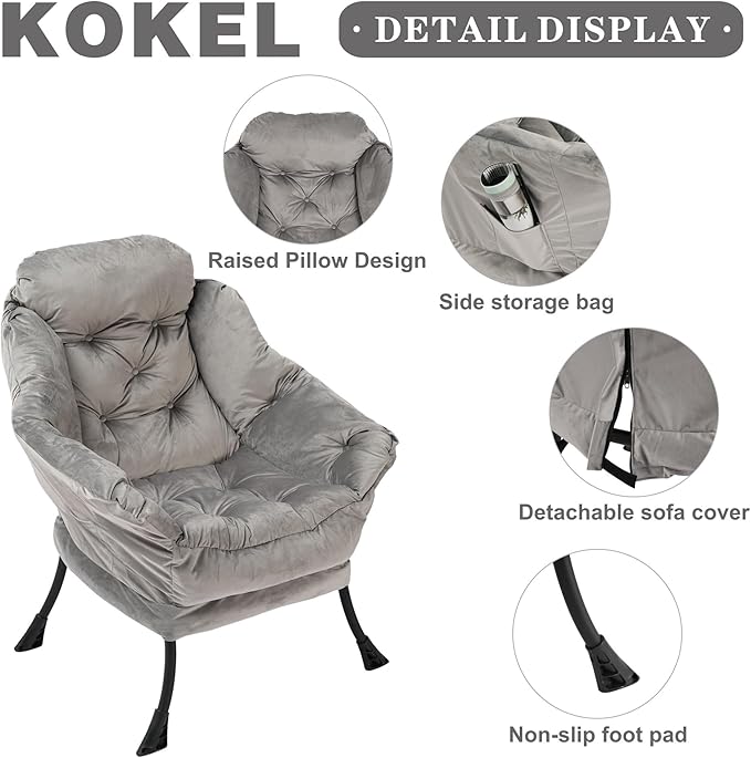 Kokel Lazy Chair with Folding OttomanLiving Room Chairs Accent Contemporary Lounge Chair Single Steel Frame Leisure Sofa Chair with Armrests and A Side Pocket (Light Gray)