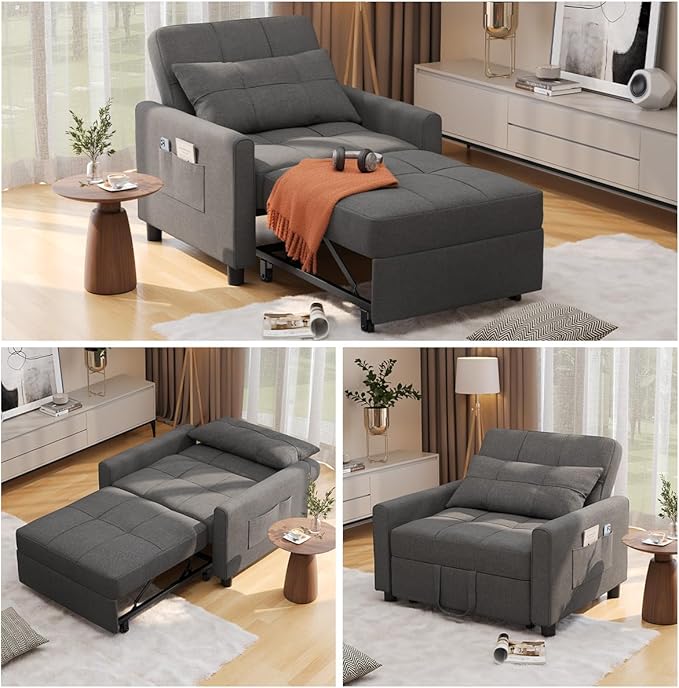Aiho Sleeper Sofa Chair with Bed 3-in-1 Convertible Sofa Bed in Modern Linen Fabric for Apartment Living Room Study Dark Gray