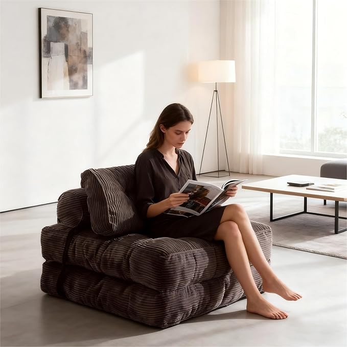 Folding Sofa Bed Convertible Floor Sofa Chair Bed with Pillow Comfy Corduroy Sleeper Lounge with Back Support Portable Fold Out Mattress for Living Room Bedroom Dorm(Coffee)