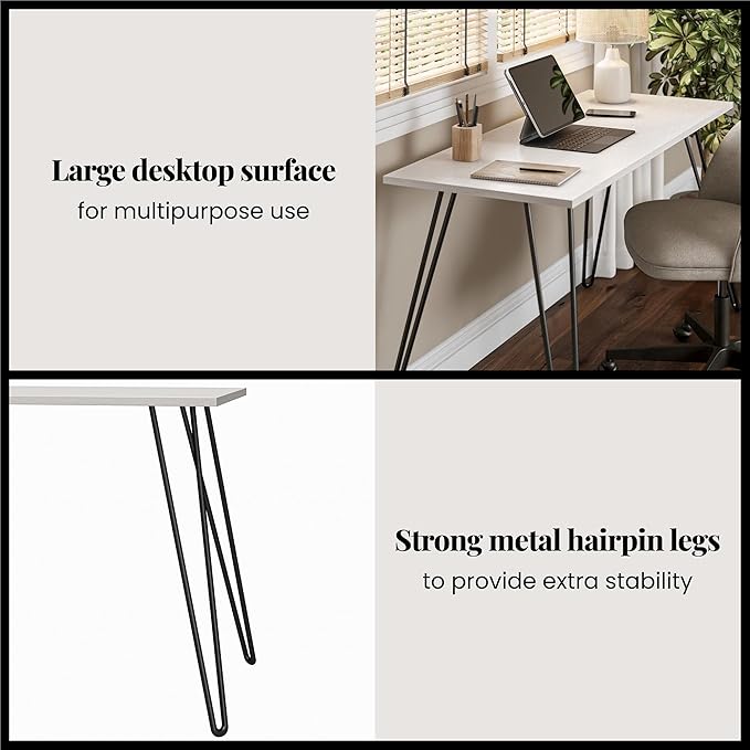 51Minimalist Writing Desk with Black Hairpin Metal LegsModern Wood Laptop Table with Sturdy Engineered Wood DesktopCompact Study Workstation with Space Saving Design for Home OfficeBedroomWhite