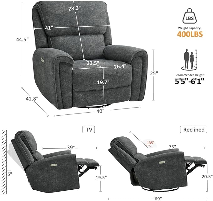 MCombo Power Swivel Rocker Recliner Chair Oversized Power Recliner Chair for Big and Tall People 400lbs Heavy Duty Recliners USB Charge Ports for Living Room Office Fabric OE678 (Dark Grey)