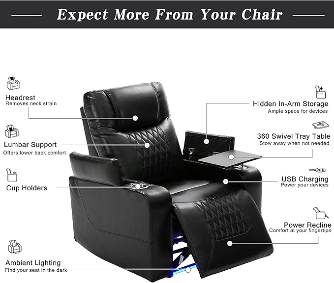 Merax Electric recliner chair with USB Charge Port 360 Swivel Tray Table Hand in-Arm Storage and Cup Holders ambient lighting Gaming Home Theater Seating