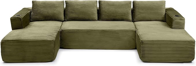 132” Oversized Modular Sectional Sofa Modern Comfy Corduroy U Shaped Couch with Cup Holders Boneless Compressed Memory Foam Cloud Couch for Living Room Office No Assembly Requiredm Green