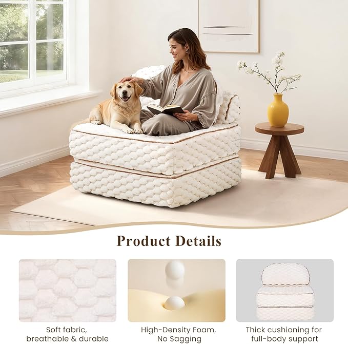 Folding Sofa Bed 3-in-1 Convertible Sleeper Chairs with PillowBack Support Fuzzy Fabric Floor Couch Bed for Adults Boneless Couches Living Room Bedroom ApartmentBeige