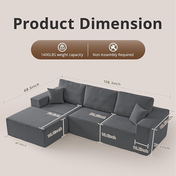 Modular Sectional Couch Modern 108 L Shaped Boneless Cloud Couch with Deep Seat Sectional Sofa for Living Room Bedroom Apartments Dorms No Assembly Required Dark Grey