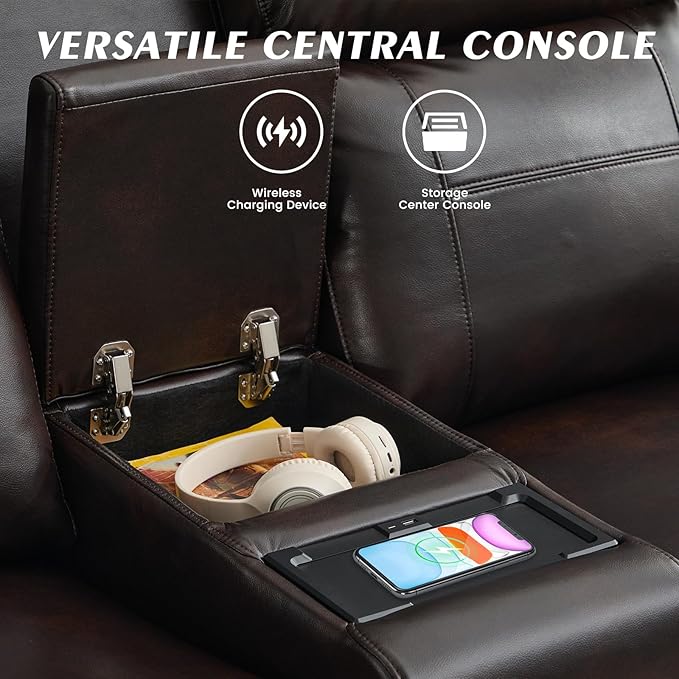Power Reclining Loveseat with Console Power Loveseat Recliner Sofa with Adjustable Headrest/LED Light/Wireless Charging/Arm Storage Power Recliner Loveseat for Living Room (Brown 2 Seater)