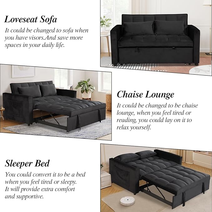 Sleeper Sofa Velvet Pull Out Sofa Bed Convertible Sofas Couch Adjustable Backrest Loveseat Sofa Couch Side Pocket for Living Room OfficeSmall Space-Black