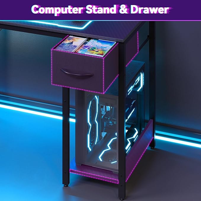 Apicizon L Shaped Gaming Desk 53 Reversible Corner Computer Desk with LED Lights Carbon Fiber Surface Pegboard with Hooks Drawer &amp PC Tower Stand USB Charging Port