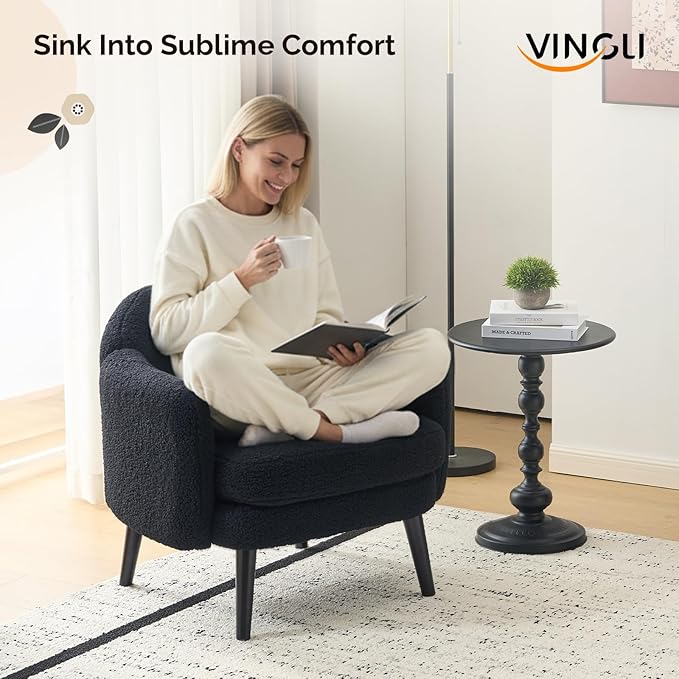 VINGLI 30.3 Wide Modern Barrel Accent Armchairs Set of 2 with Track Armrest Solid Wooden Legs Comfy Upholstered Club Chairs Single Home Sofa for Living Room Bedroom ReadingTeddy Fleece Black