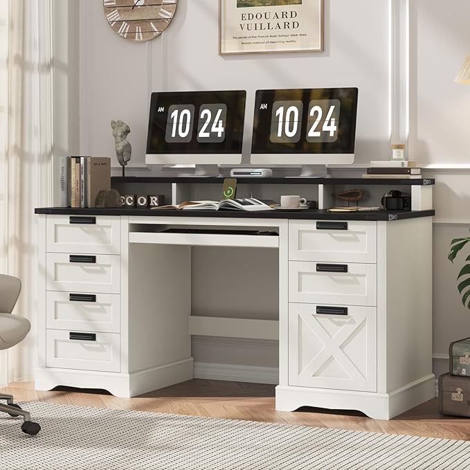 60 Farmhouse Executive Desk with 8 Drawers Wood Computer Desk with Keyboard Tray and Charging Station Home Office Desk Writing with File Drawer Fits A4 Size for Work and Study White and Black