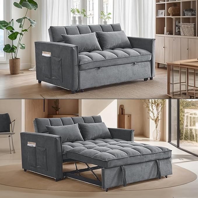 55 Convertible Full Size Sofa Bed 3 In 1 Velvet Sleeper Sofa with Pull-Out Bed Futon Couch with Adjustable Backrest and Side PocketModern Loveseat for Small SpacesLiving Room (Dark Grey)