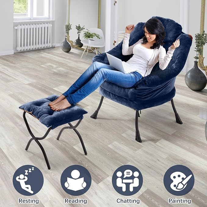 Lazy Chair with Folding OttomanLeisure Sofa ChairSoft Fabric Armchair with Armrests and Side Pockets Reading Chair with Footrest for Living Room Bedroom Office (Plush Navy)