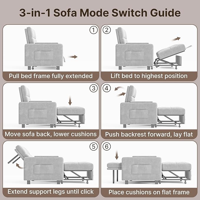 Gizoon Convertible Sofa Bed 3-in-1 Pull Out Couch 5-Position Adjustable Backrest &amp Side Pockets Modern Small Loveseat Sleeper Sofa for Living Room Apartment Dorm Studio Guest Room Light Gr
