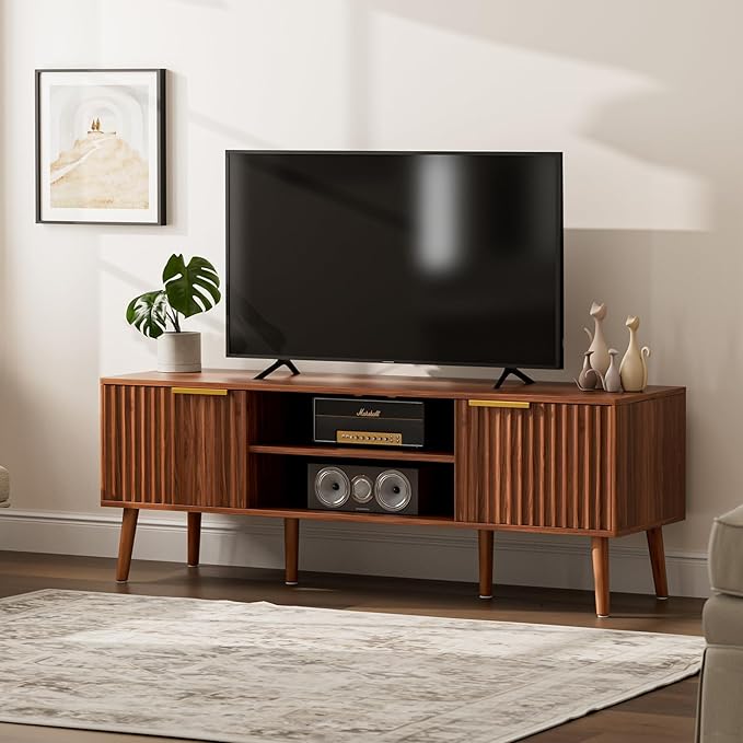 TV Stand for Living Room Mid Century Modern Entertainment Center for 55/60 inch TVs TV Console with Fluted Door Cabinets and Open Shelves for Bedroom Walnut