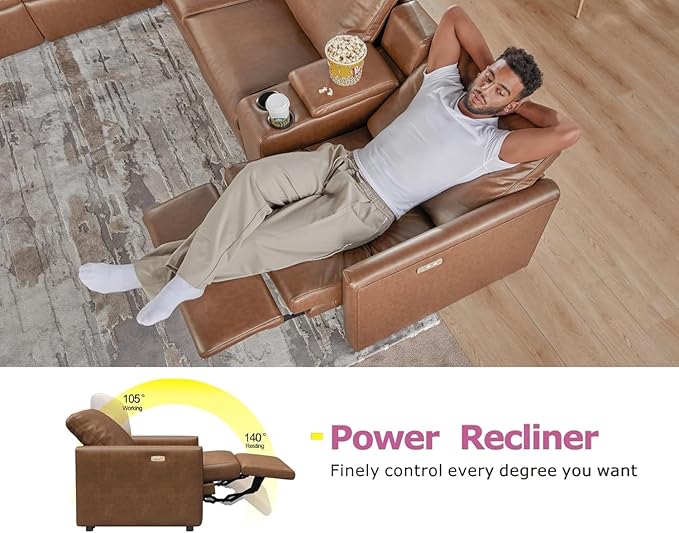 AMERLIFE 44” Power Recliner Chair with 8.5” Wide Armrests Single Electric Reclining Sofa with USB Charging Port Leather Recliner for Living Room Brown