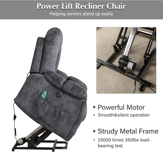 CANMOV Large Power Lift Recliner Chair with Massage Heat and USB for Elderly Overstuffed Wide Recliners Heavy Duty and Safety Motion Reclining Mechanism Gray