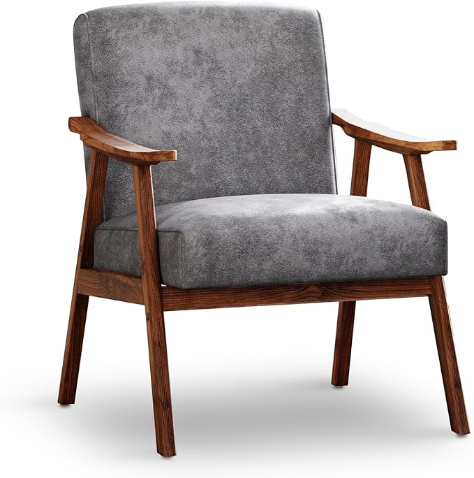 Mid Century Accent Chair Boho Farmhouse Accent Chairs for Living Room Retro Single Lounge Reading Armchair with Solid Wood Frame (Polyester Fabric in Grey)