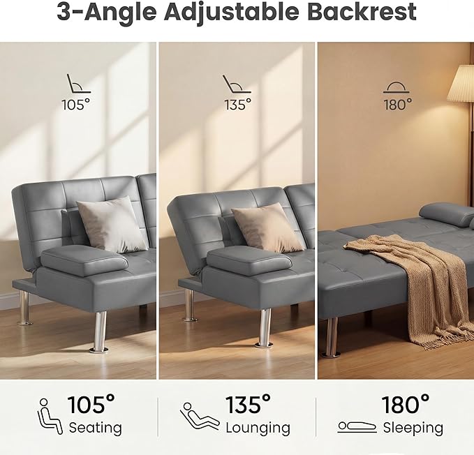 YESHOMY Modern Futon Sofa Bed Convertible Futon Couch with Adjustable Backrest Futon Loveseat Sleeper Sofa Bed with Armrest for Living Room Small SpacesPU Leather Gray