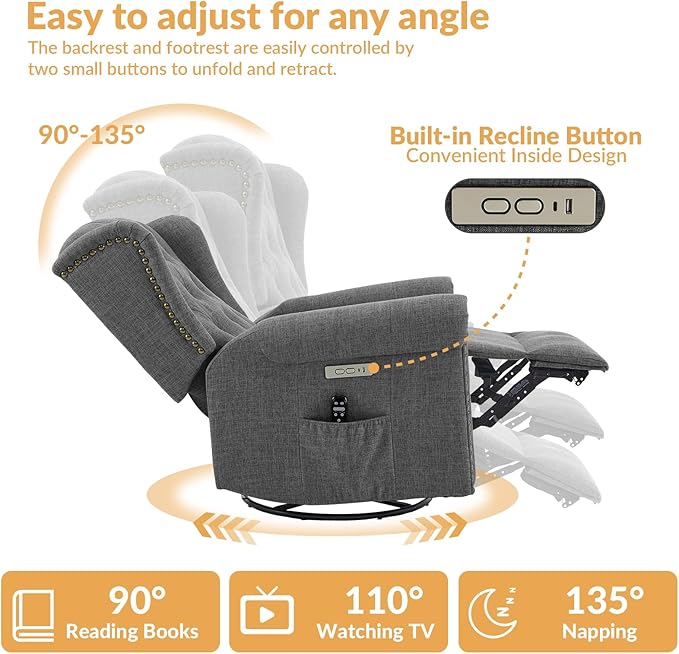 Power Swivel Rocking Glider Recliner Chair Electric Nursery Reclining Sofa Chair with Heat and Massage Wingback Tufted Upholstered Recliner for Living Room USB and Type-C Ports Grey