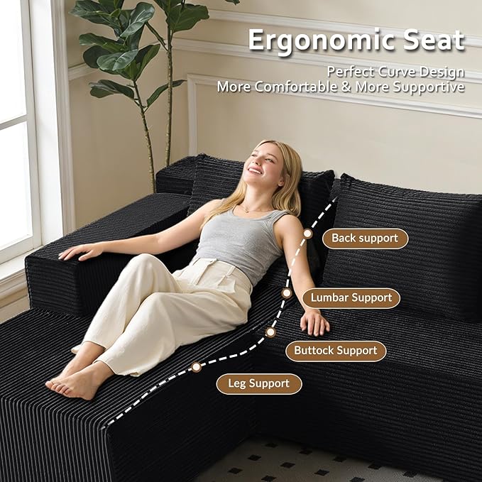 ANONER 103 L-Shaped Sofa Bed Cloud Couch Modular Sectional Corner Sofa with Deep Seat Modern Minimalist Boneless Couch with Chaise Free Combination Couches for Apartment (Black)