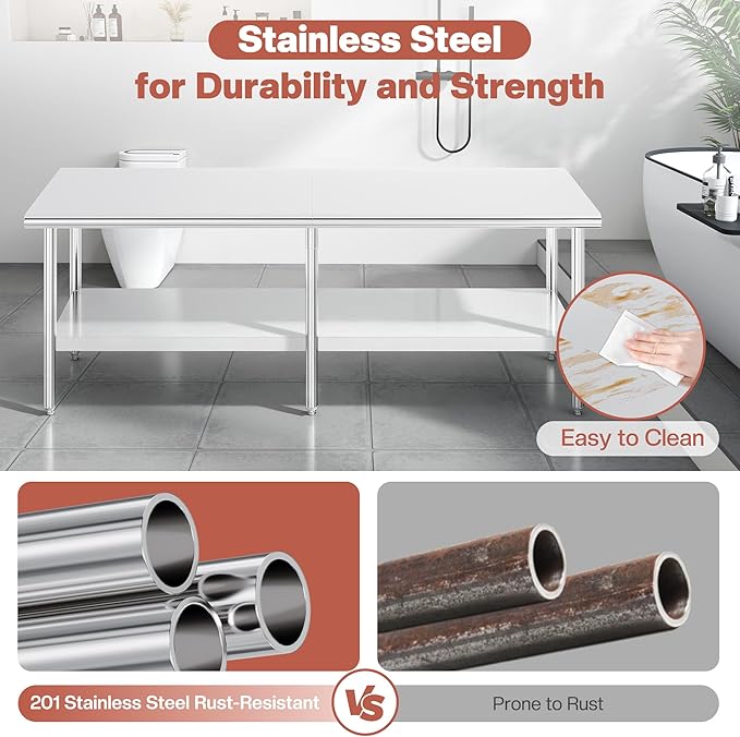 Jocisland 30 x 96 Stainless Steel Table for Prep &amp Work NSF Certified Adjustable Under Shelf and Feet for Commercial Kitchen Restaurant Hotel Garage