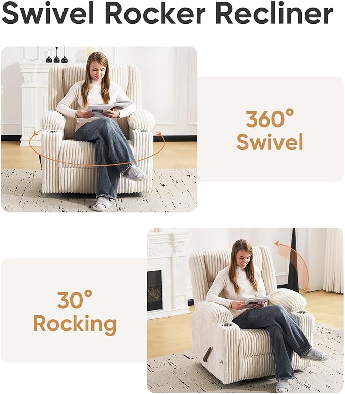 Oversized Manual Recliner Chair with Arm StorageSwivel Rocker Recliner Chair for Adults with Adjustable HeadrestNursery Glider Recliner with Phone Stand and Side Pockets for Living RoomBeige