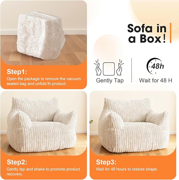 Giant Bean Bag Chair for Adults Oversized Memory Foam Bean Bag Sofa with Armrests Large Comfy Fluffy Single Lounges Mini Couch for Living Room Bedroom &amp Dorm(Beige)