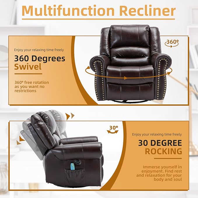 Manual Massage Recliner with Heating Function 360° Swivel Glider Rocking Recliner Chair for Living Room Ergonomic Single Sofa Chair with Remote Control/USB Ports/Side Pockets(Dark Brown)