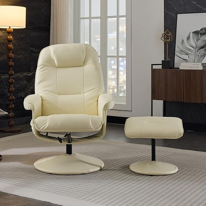 Ergonomic Recliner Chair with Ottoman for Adults 360° Swivel Massage Lounge Chair with 5-Point Vibration &amp Heated Seat140° Adjustable PU Leather Recliner for Living Room Office (Beige+PU Leather