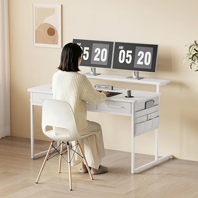 Computer Desk with Drawers 47.2X15.8-22.9 Inches Office Computer Desk with Side Pocket &amp Ergonomic Monitor Stand Writing Table for Small Spaces Bedroom White