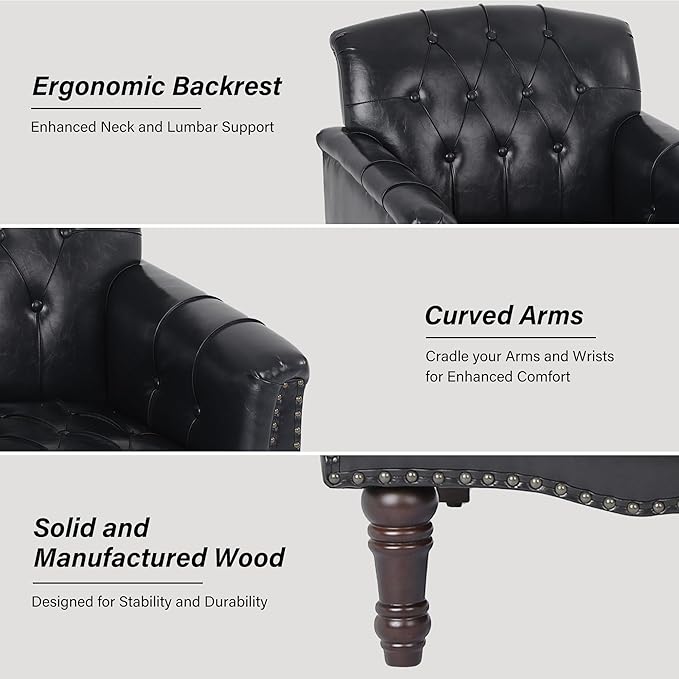 Faux Leather Accent Chair PU Leather Modern Comfy Upholstered Armchair with Wood Legs &amp Nailhead Trim for Living Room Bedroom (Black BlueSet of 1)