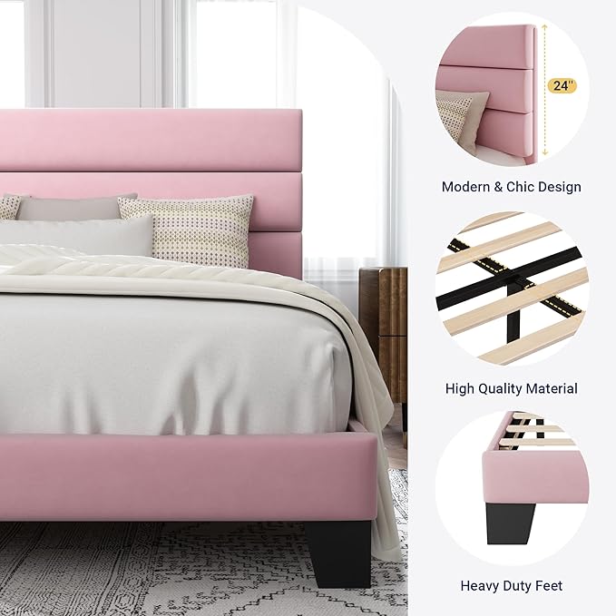Allewie Full Size Platform Bed Frame with Velvet Upholstered Headboard and Wooden Slats Support Fully Upholstered Mattress Foundation/No Box Spring Needed/Easy Assembly Pink