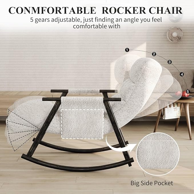 NIOIIKIT Nursery Rocking Chair Teddy Upholstered Rocker Chair with Adjustable Back&ampFootrest Reclining Glider Chair with Side Pocket Tufted Glider Rocker Armchair for Living Room (Beige Teddy)