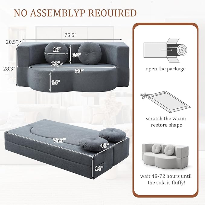 Convertible Folding Sofa Bed 75.5 Boneless Cloud Couch Loveseat Floor &amp Futon Lounge Sleeper Couches Lychee Velvet for Living Room Office Small Spaces No Assembly Required Grey