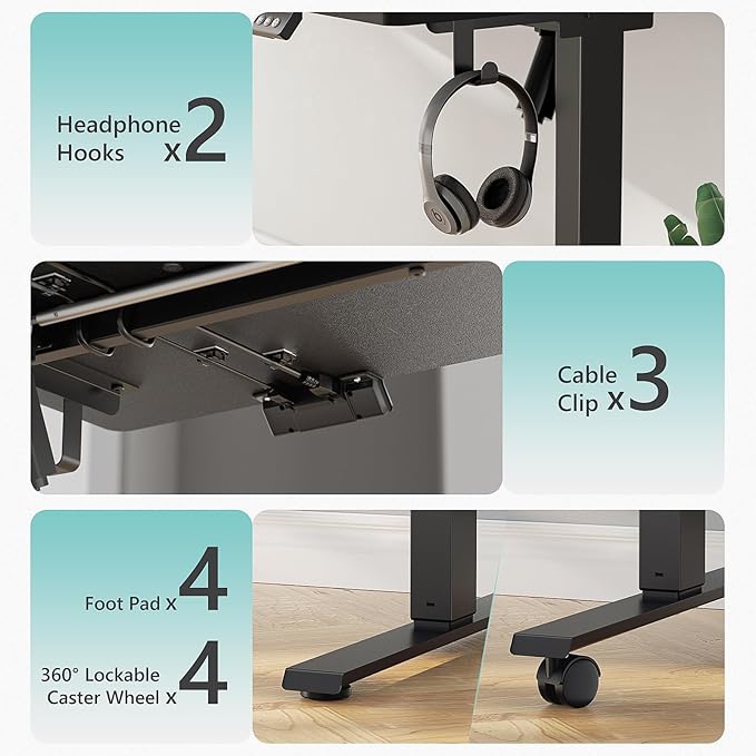 55 x 24 Inch Electric Standing Desk with 4 Wheels Height Adjustable Desk for Home Office Sit Stand Desk with 4 Memory Presets Headphone Hooks and Cable Clips Splice Board Black