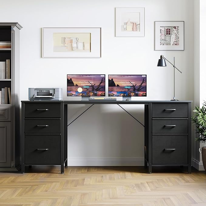 ODK 63 Inch Office Desk with 6 Fabric Drawers Large Computer Desk for Home Office with Hidden Storage Shelves Black