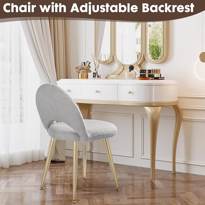 Vanity Chair with Adjustable Backrest Boucle Upholstery Armless Makeup Stool Gray Sherpa Vanity Stool with Gold Metal Legs for Bedroom Living Room Kitchen Dinning Room(Gray)