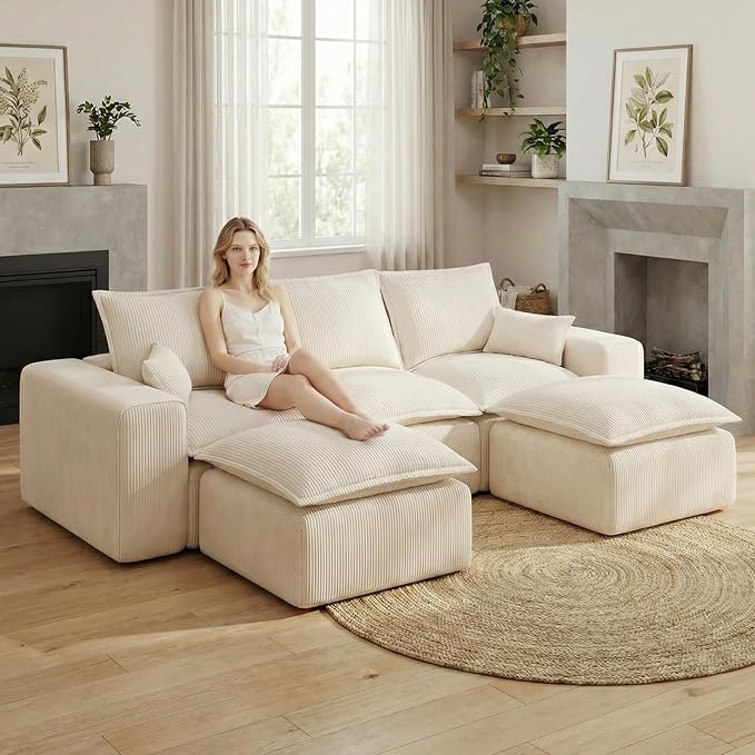 107 Cloud U-Shaped Modular Sectional Sofa for Living Room with Ottoman No Assembly Required Deep Seat Couch in Two Box.