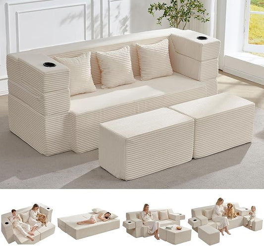 78.7 Inch Convertible Sofa Bed with 2 Ottomans 3-in-1 Folding Sleeper Couch &amp Flip-Up Armrest No Assembly Memory Foam Futon Bed for Small Space Floor Couch Lounge for Living Room ApartmentBeig