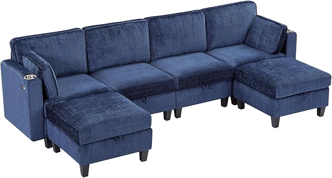 ONBRILL 110 U-Shaped Modular Sectional Sofa Convertible Sleeper Sofa Couch Bed with Adjustable Backrest Chenille Couch with Movable Ottoman Couches for Living RoomBedroom and ApartmentBlue