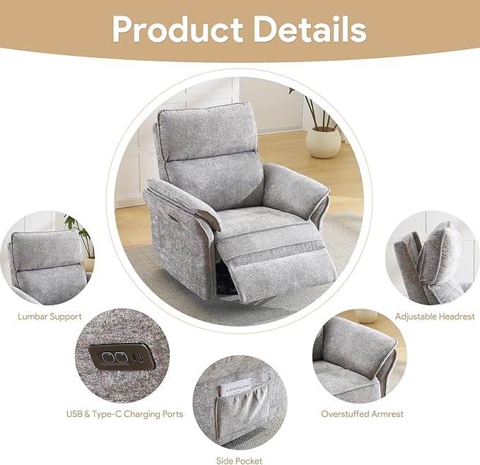 Oversized Power Recliner Chairs for Adults with Massage and Heat Power Swivel Rocker Recliner Chair with Adjustable Headrest 26 Extra Wide Rocker Nursery Recliner with USB Port Light Grey