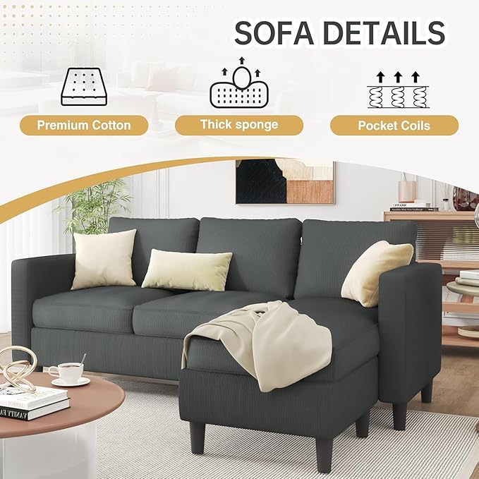 JAMFLY 3-Seat Reversible L-Shaped Sectional Sofa with Convertible Ottoman Modern Upholstered Fabric Couch for Small Living Rooms Apartments &amp Studios Grey